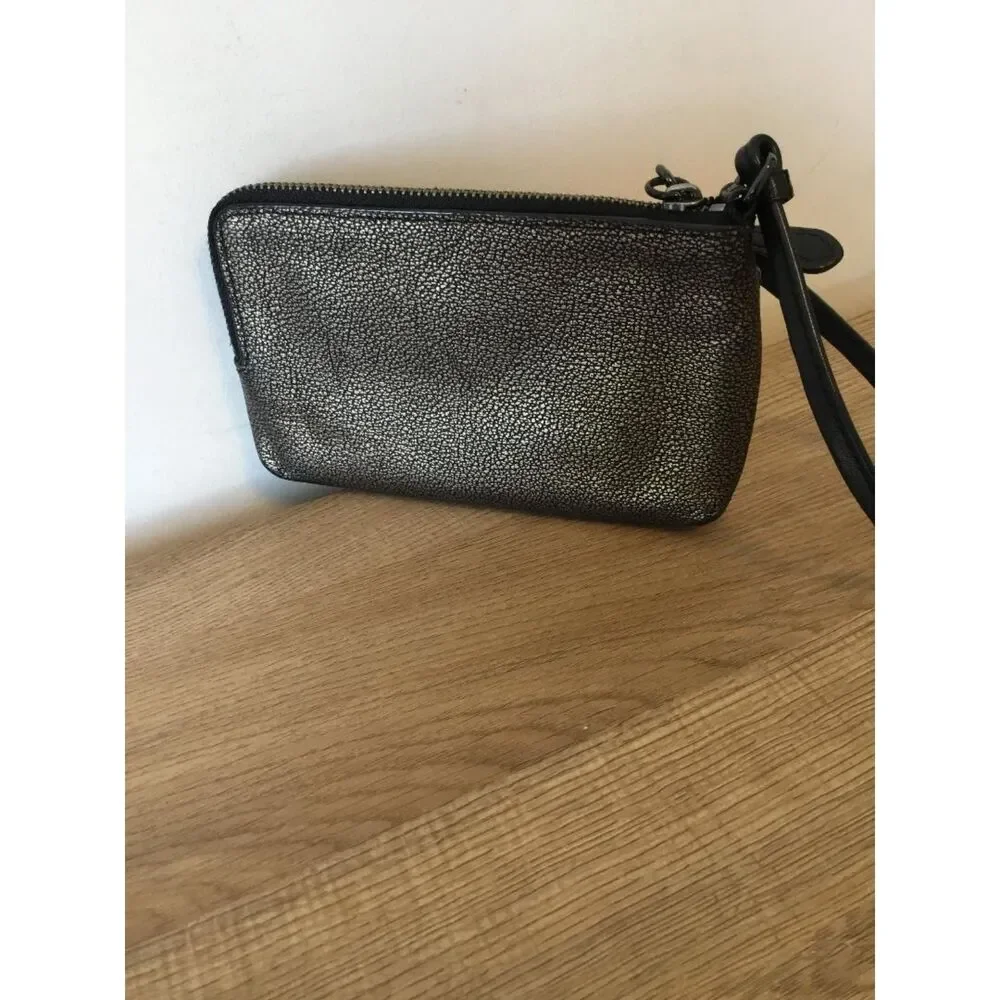Coach Metallic Black & Gold Pebbled Leather Double Corner Zip Wristlet